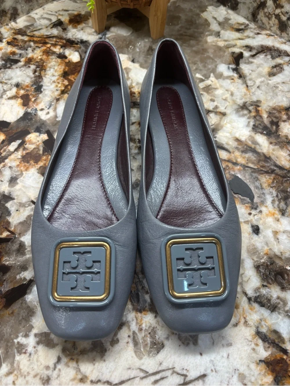 Tory Burch Gray Leather Logo Ballet Flats with Gold-Tone Accent